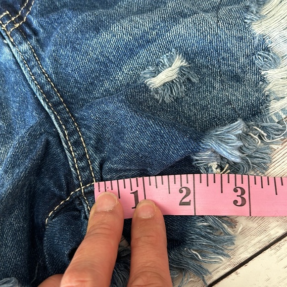 Pinkblush Dark Wash Distressed Fringe Hem Maternity Full Panel Jean Shorts - Picture 7 of 11